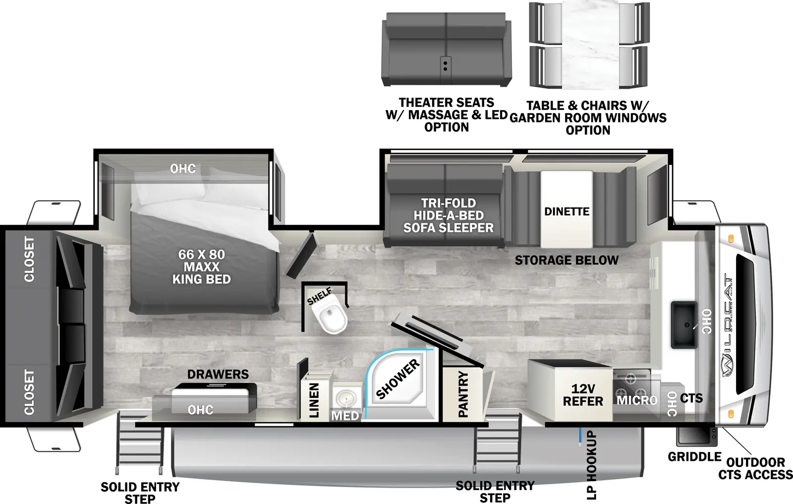 The Wildcat Travel Trailers 276FKX - MAXX floorplan has two entries and two slide outs. Exterior features include: fiberglass exterior and 18' awning. Interiors features include: front kitchen, free-standing dinette option and rear bedroom.